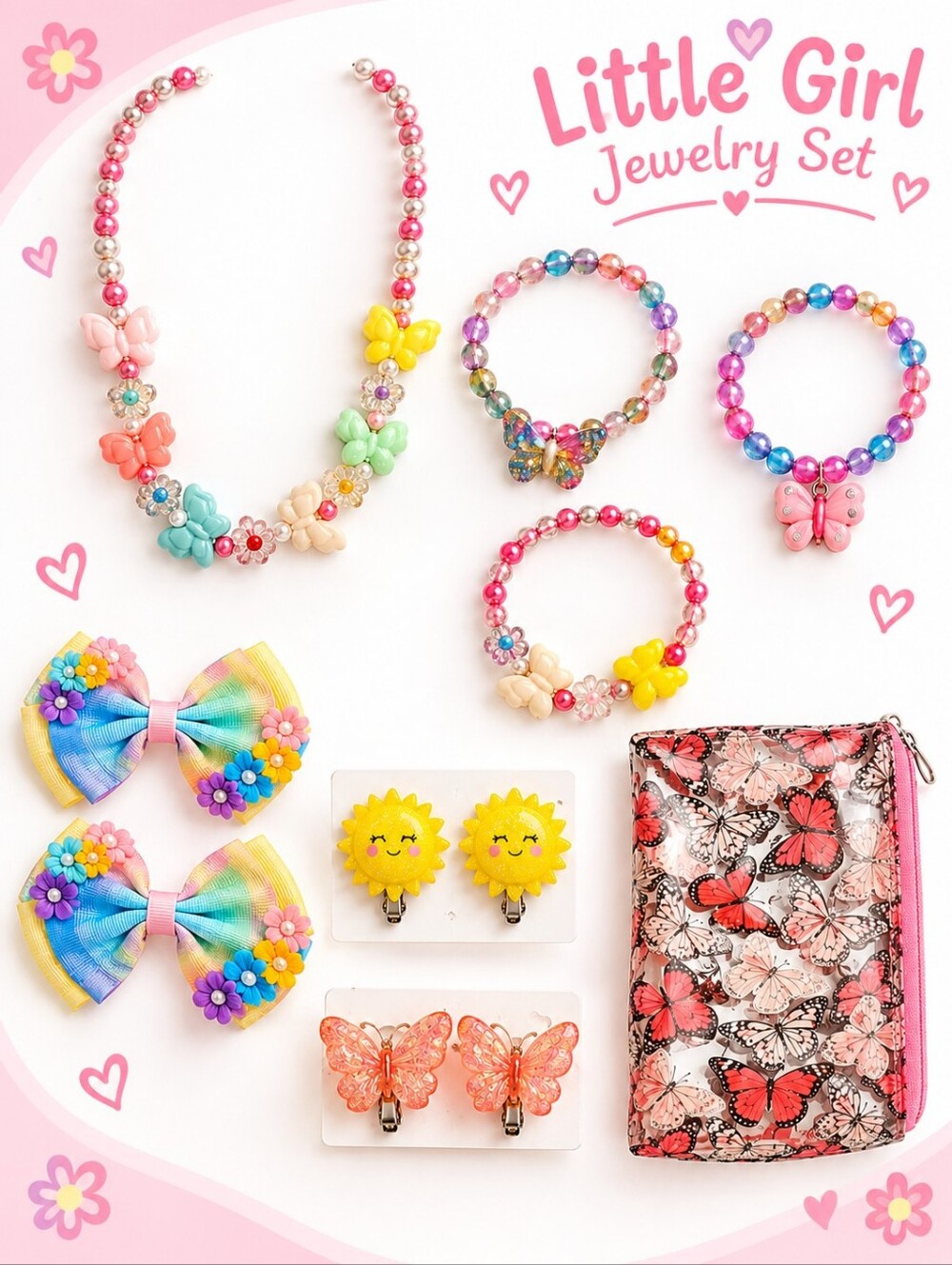 Kids Rainbow Butterfly Jewelry Set with Pink Butterfly Pouch-9 Items